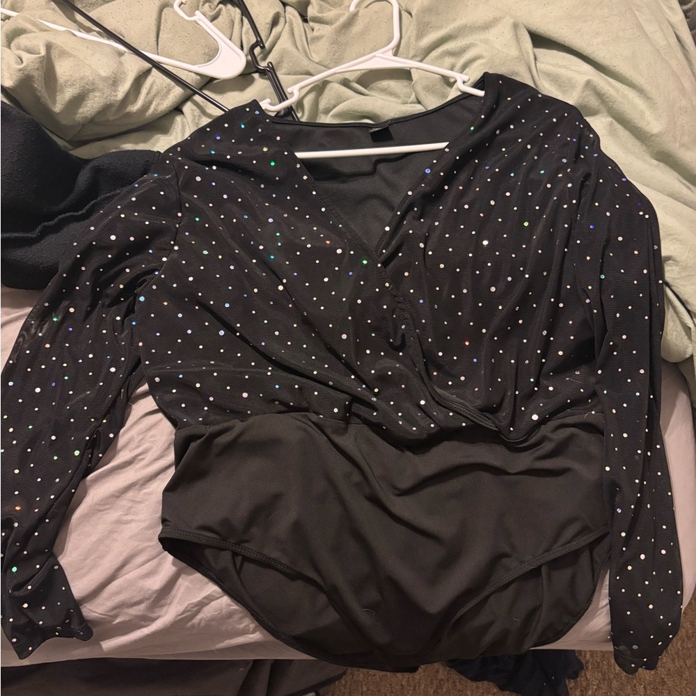 SHEIN Black Sequin Wrap Bodysuit